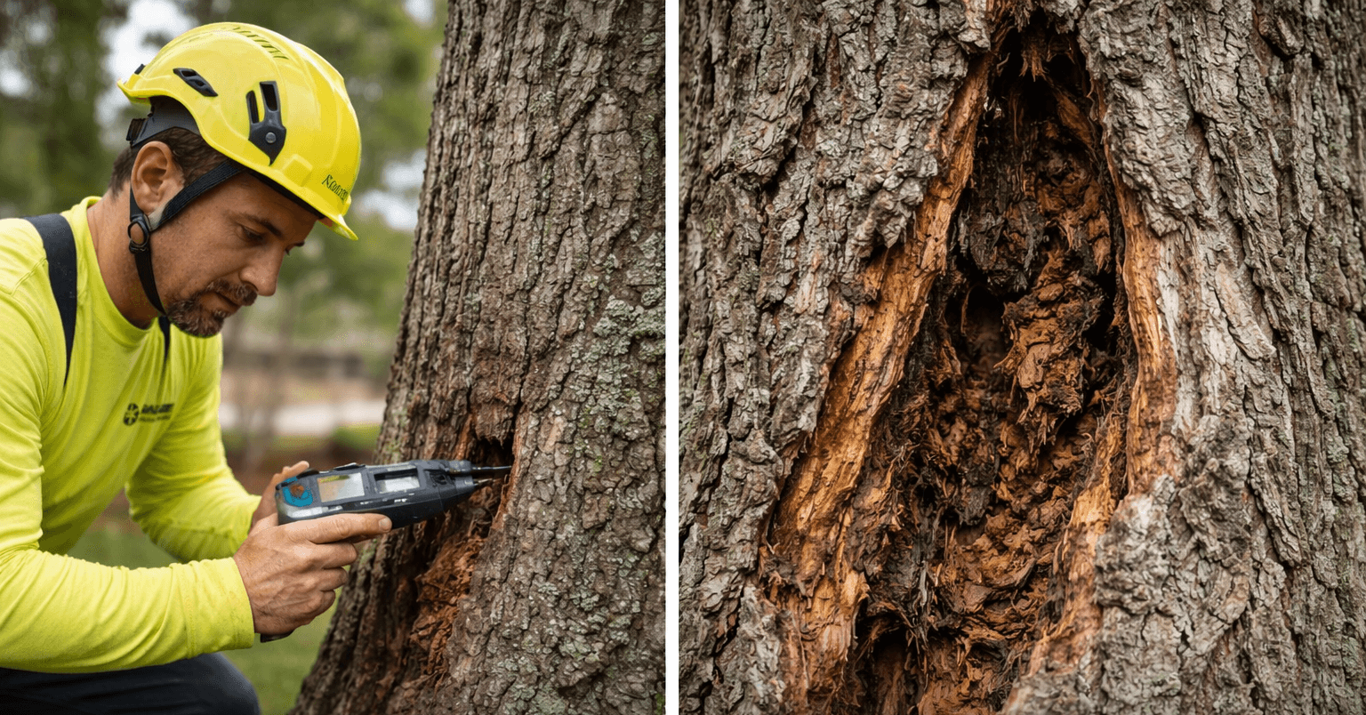 A professional arborist is inspecting a healthy-looking tree for internal decay in Columbus, OH. Close-up of a tree trunk with hidden internal rot despite a healthy exterior