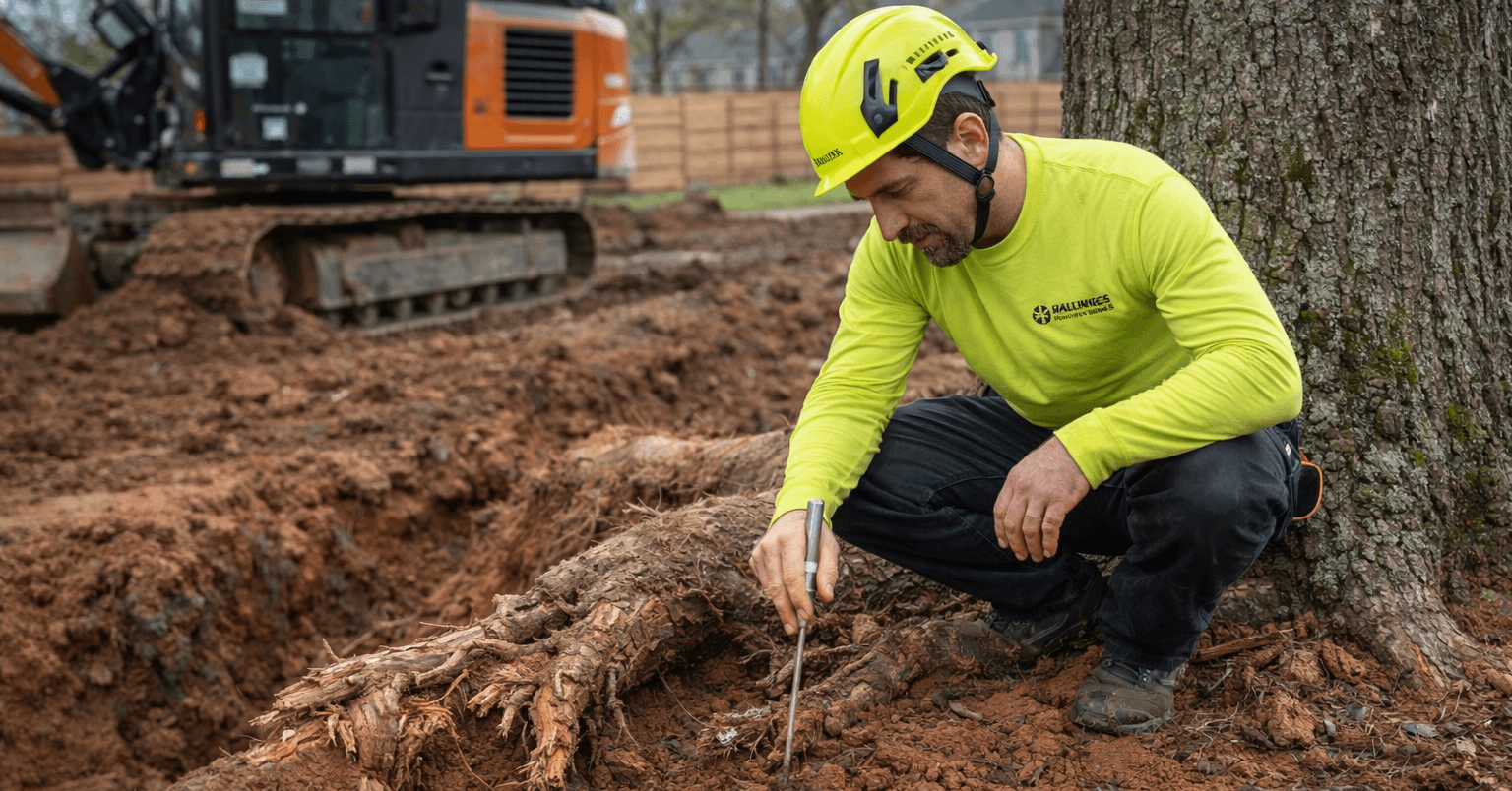 Challengers Tree Service arborist inspecting tree root damage from construction in Columbus