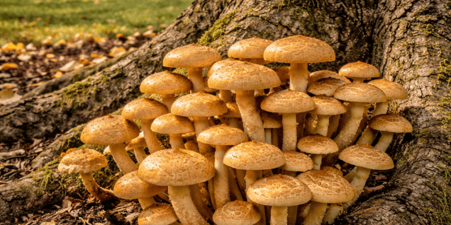 Honey mushrooms clustered on tree roots in a residential Columbus yard