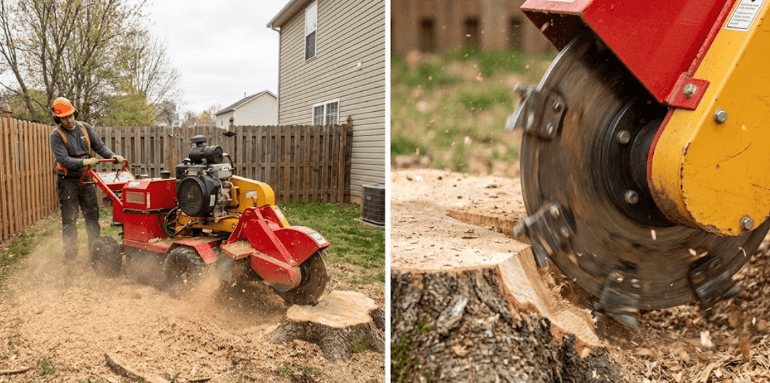 A stump grinding machine removing a tree stump in a residential yard
