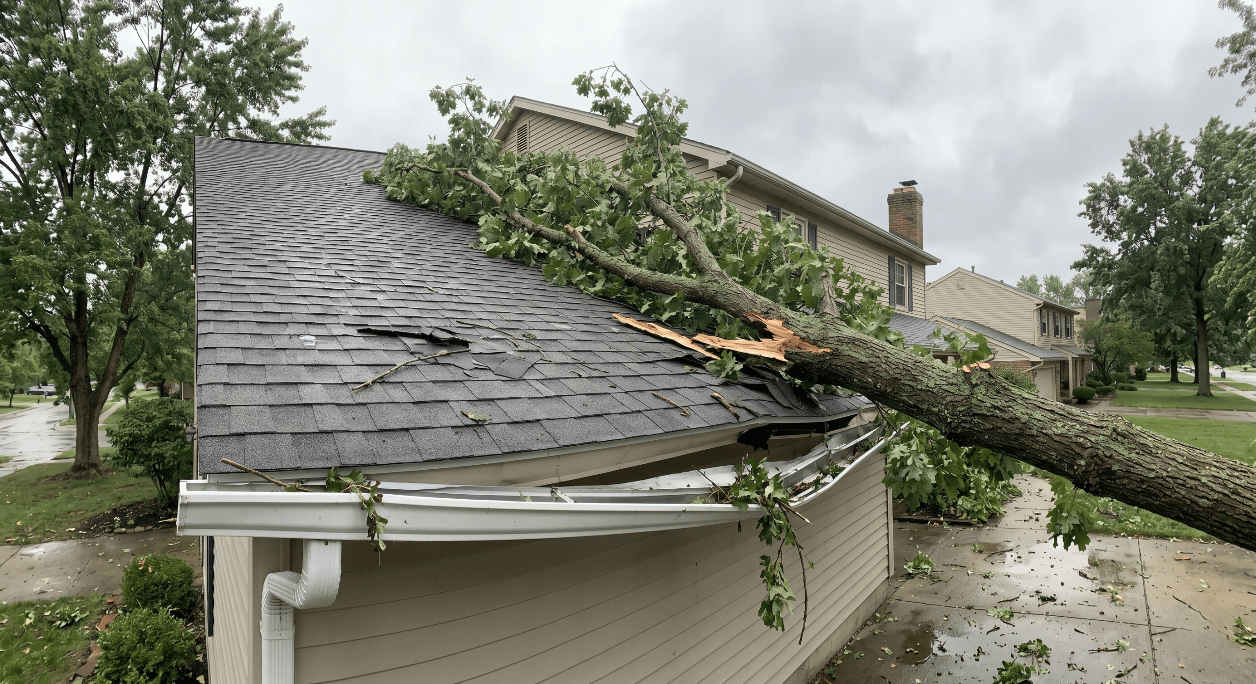 A large fallen tree limb resting on a residential roof after a storm in Grove City.