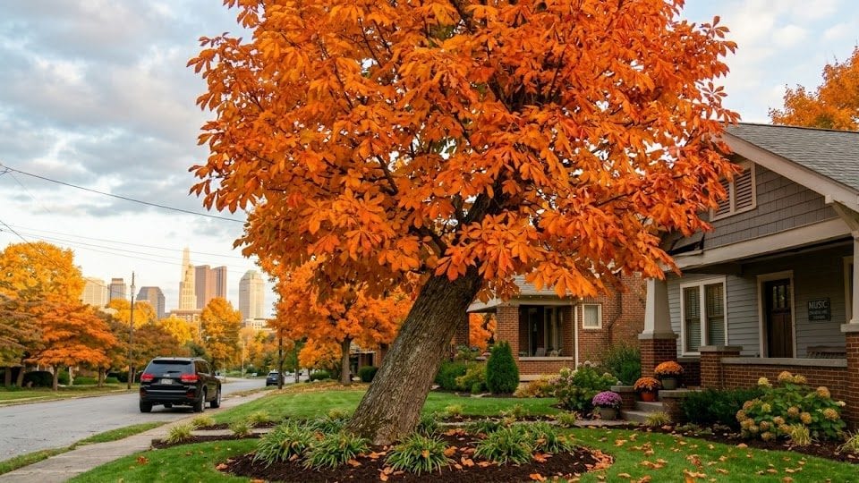 A lush Ohio Buckeye tree with vibrant orange fall leaves in a Grove City residential yard.