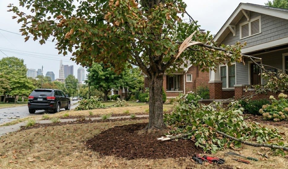 Aftermath of a storm in Columbus, OH, with a damaged maple tree