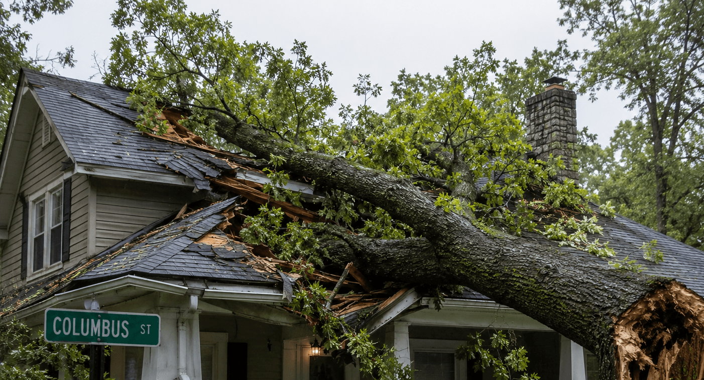 A large oak tree fell onto a residential roof after a Columbus storm.