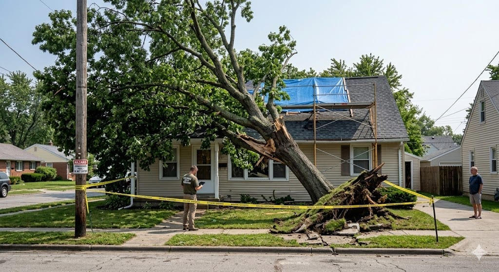 Hazardous leaning street tree in Columbus tree lawn