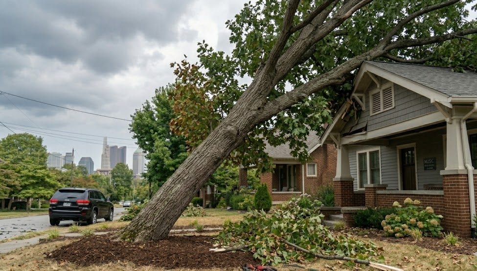 Severely leaning oak tree threatening a residential roof in Columbus, OH