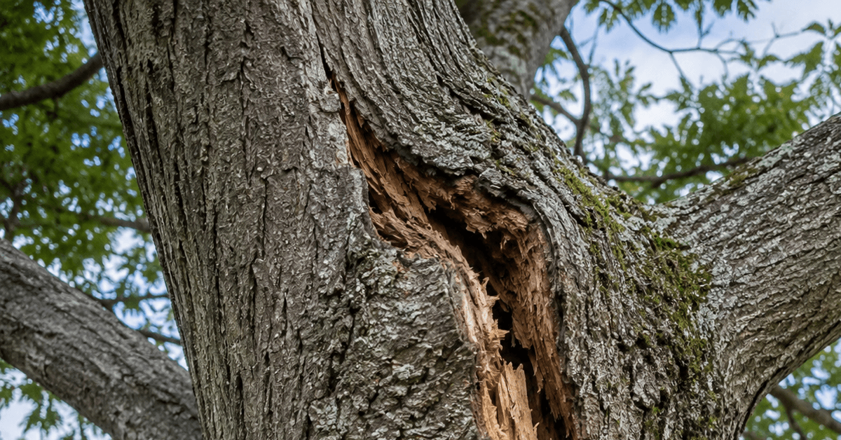 Tree structural crack with visible bark damage