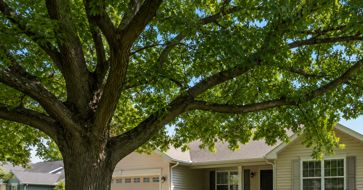Well-trimmed canopy of an oak tree over a clean front yard lawn in Grove City without text