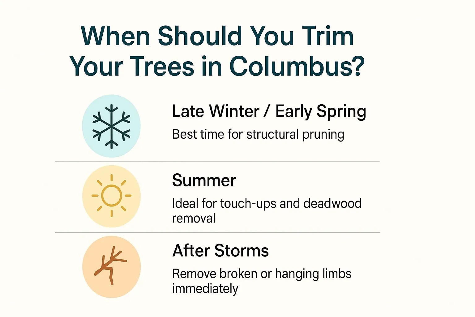 Infographic showing best times to trim trees in Columbus: late winter, summer, and after storms