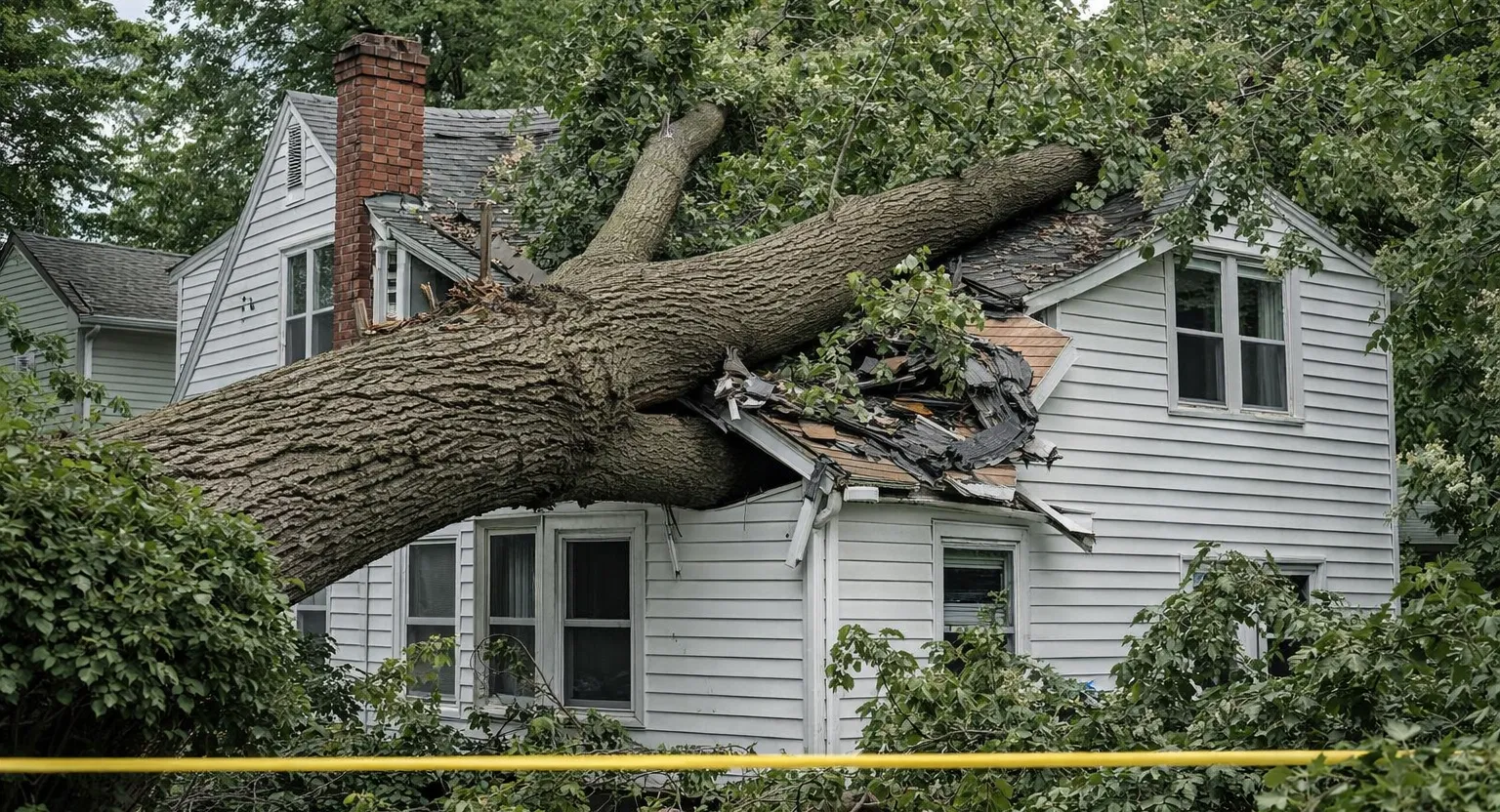 A large tree fell on a house in a Columbus, OH, neighborhood