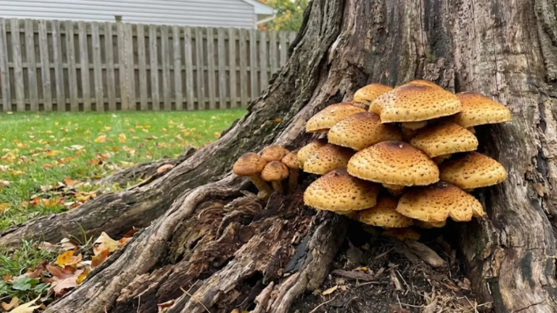mushrooms growing at the base of the tree trunk, showing signs of decay