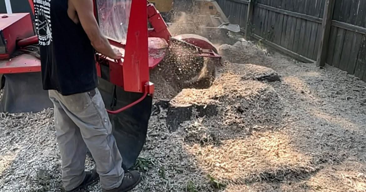 A stump grinding machine removing a tree stump in a residential yard