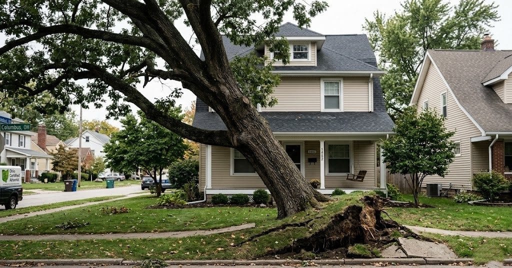 Large oak tree leaning dangerously toward a house in Columbus, Ohio, with soil lifting at the base.